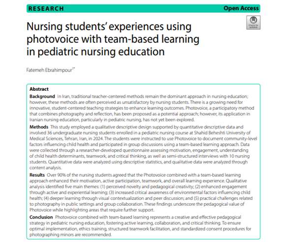 پادکست طرح پژوهشی با عنوان:Nursing students’ experiences using photovoice with team-based learning in pediatric nursing education