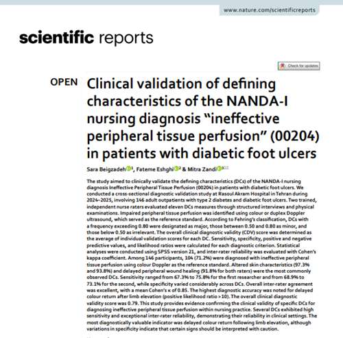 دکتر زندی - Clinical validation of defining characteristics of the NANDA-I nursing diagnosis “ineffective peripheral tissue perfusion” (00204) in patients with diabetic foot ulcers