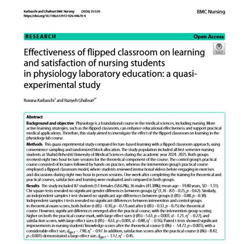 دکتر غفوری - پادکست طرح پژوهشی با عنوان: Effectiveness of flipped classroom on learning and satisfaction of nursing students in physiology laboratory education: a quasi- experimental study