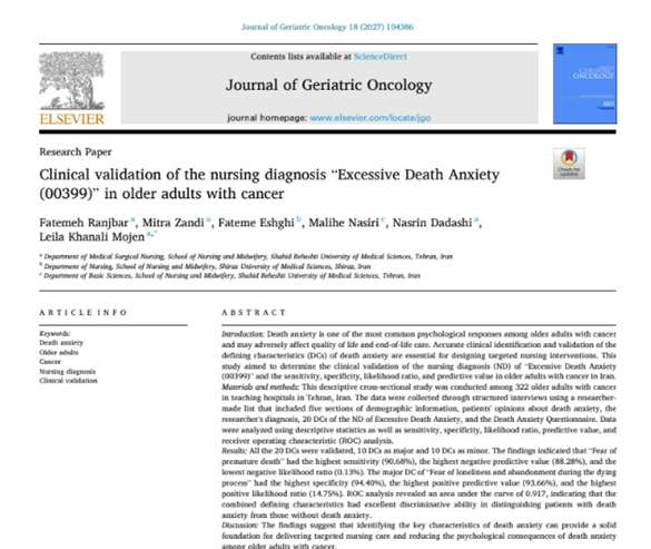 دکتر خانعلی مجن - Clinical validation of the nursing diagnosis “Excessive Death Anxiety (00399)” in older adults with cancer